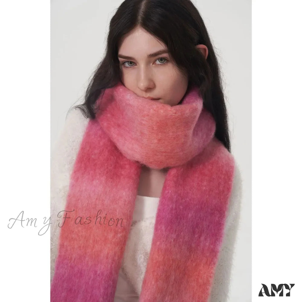 Light Luxury Gradient Color Wool Striped Fringed Mohair Scarf Pink / L221Cm W24Cm