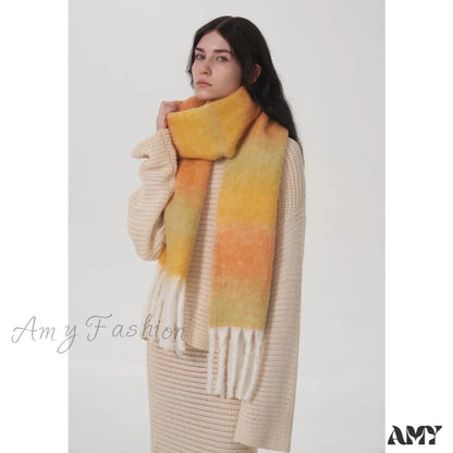 Light Luxury Gradient Color Wool Striped Fringed Mohair Scarf Yellow Orange / L221Cm W24Cm