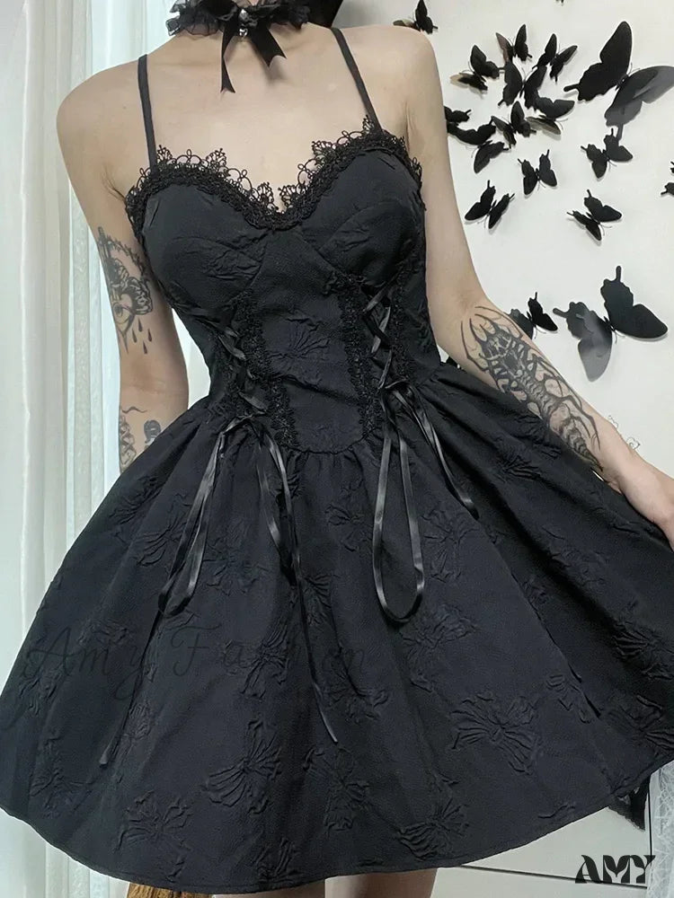 Line A Party Up Neck Lace Grunge Fairy Rose Summer Goth Print Backless V Dress