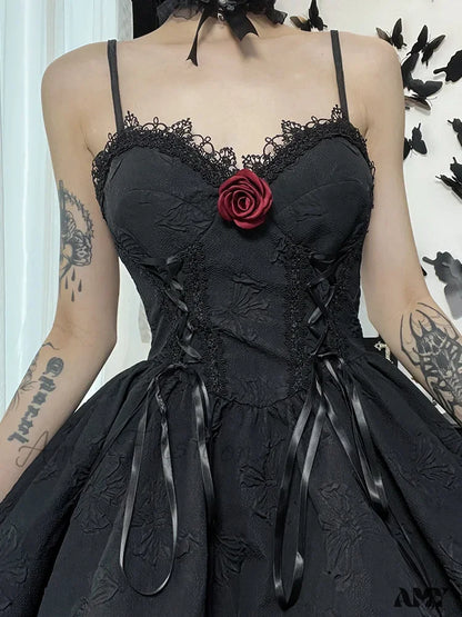 Line A Party Up Neck Lace Grunge Fairy Rose Summer Goth Print Backless V Dress