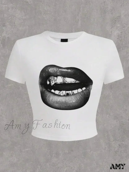 Lip Print Cartoon Casual Y2K Cropped Summer Short Sleeve Crop Top