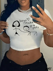 Lip Print Cartoon Casual Y2K Cropped Summer Short Sleeve Crop Top Ivory / Xs