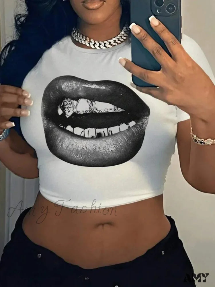 Lip Print Cartoon Casual Y2K Cropped Summer Short Sleeve Crop Top White / Xs