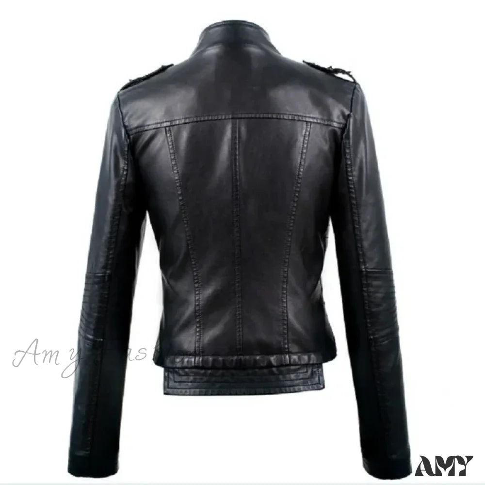 Locomotive Pu Leather Short Slim-Fit Stand-Up Collar Rivet Jacket Black / S