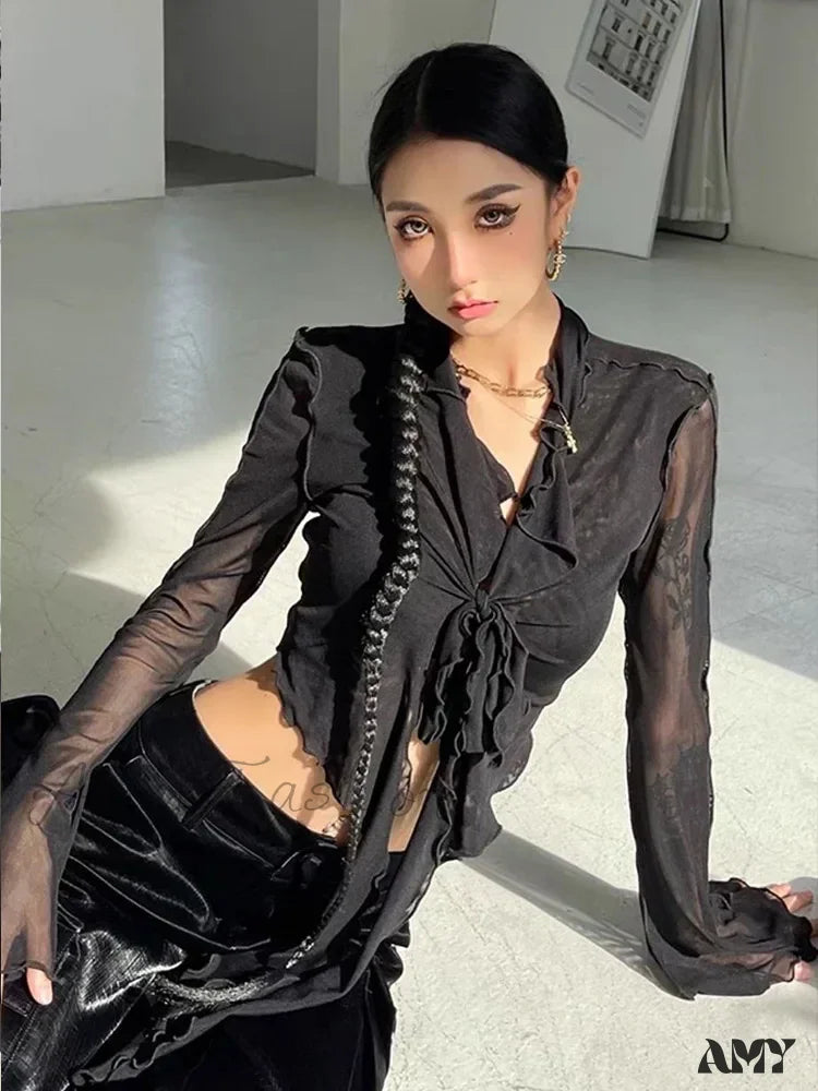 Long Flare Sleeve Lace-Up Mesh Sexy Sweet Elegant Casual Blouse