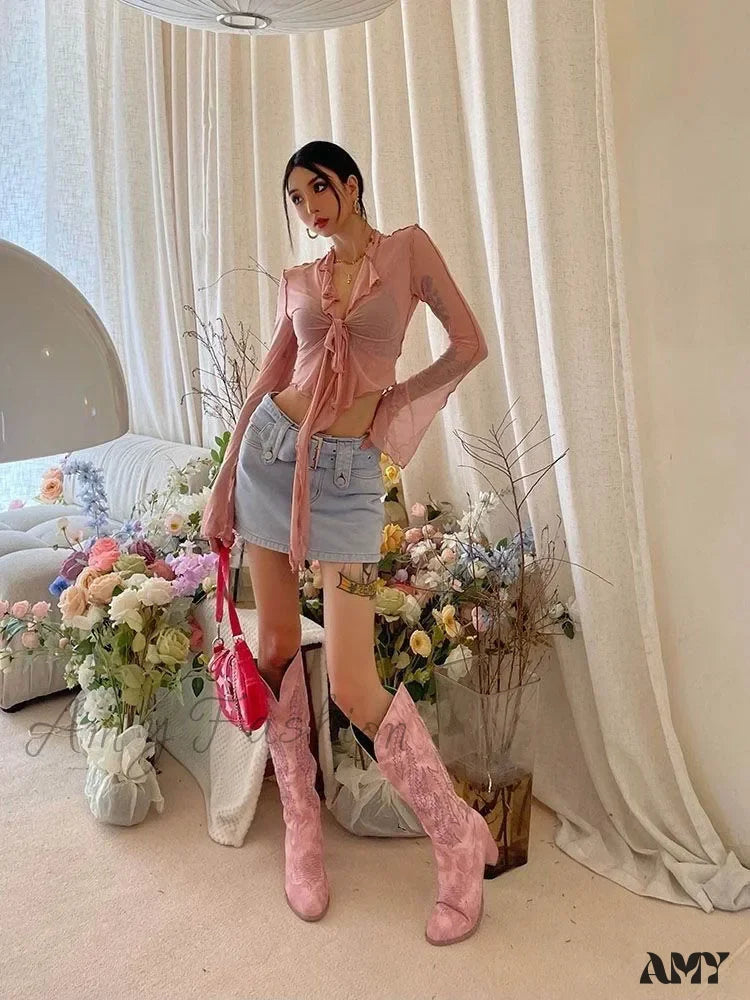 Long Flare Sleeve Lace-Up Mesh Sexy Sweet Elegant Casual Blouse