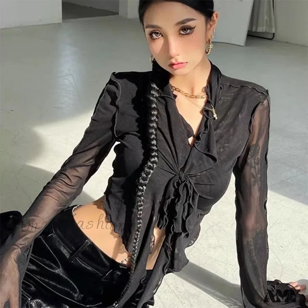 Long Flare Sleeve Lace-Up Mesh Sexy Sweet Elegant Casual Blouse Black / One Size