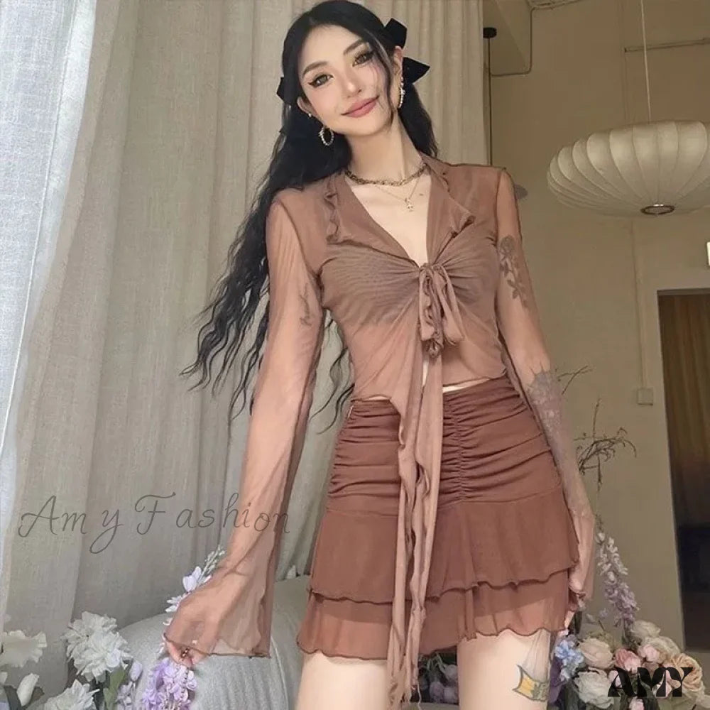 Long Flare Sleeve Lace-Up Mesh Sexy Sweet Elegant Casual Blouse Coffee / One Size