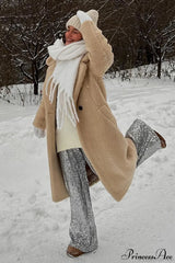 Long Fleece Sherpa Warm Fuzzy Overcoat Khaki / S