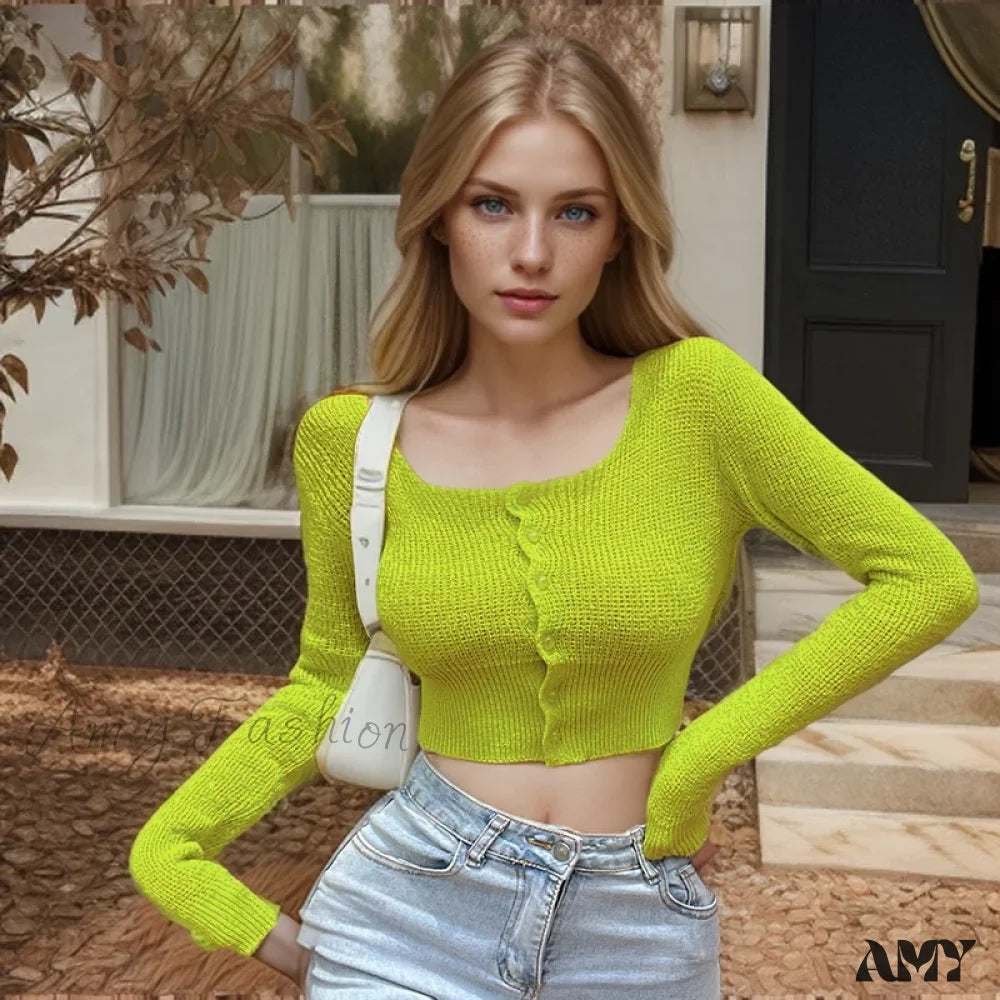 Long Sleeve Air Conditioning Single-Breasted Silk Knit Short Solid Sweater Silver Green / One Size