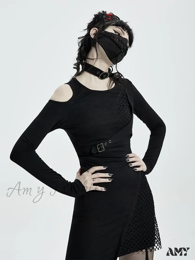 Long Sleeve Collar Removable Shoulder Hollow Elastic Knitted Stitching Diamond Mesh Metal Gothic