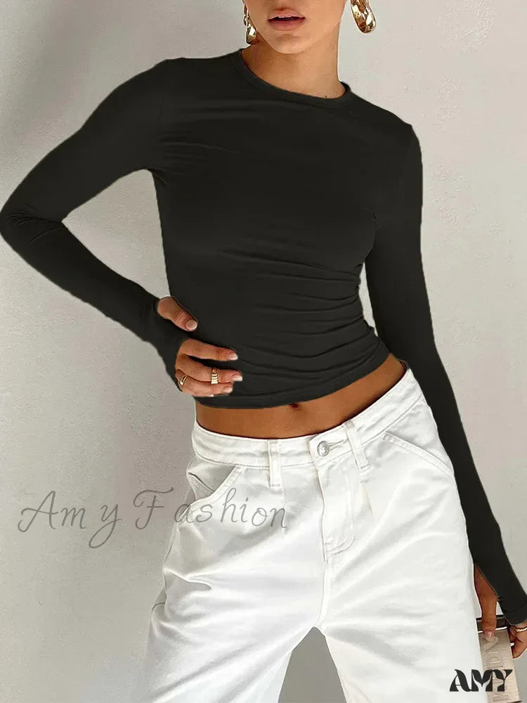 Long Sleeve Crew Neck Solid Slim Fit Thumb Holes Crop Top