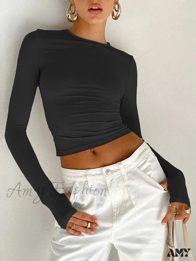 Long Sleeve Crew Neck Solid Slim Fit Thumb Holes Crop Top Black / S