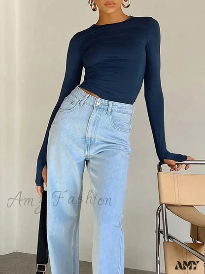 Long Sleeve Crew Neck Solid Slim Fit Thumb Holes Crop Top Blue / S