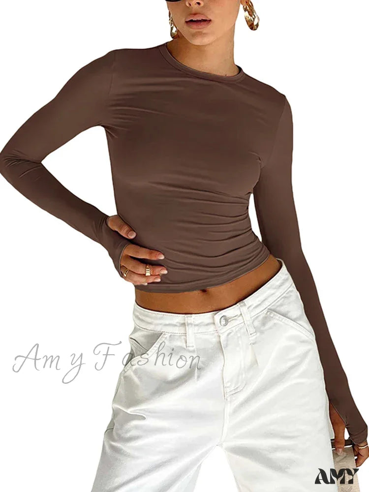 Long Sleeve Crew Neck Solid Slim Fit Thumb Holes Crop Top Brown / S