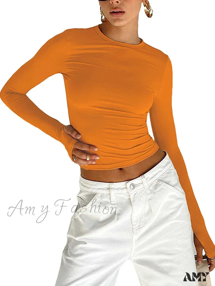 Long Sleeve Crew Neck Solid Slim Fit Thumb Holes Crop Top Orange / S