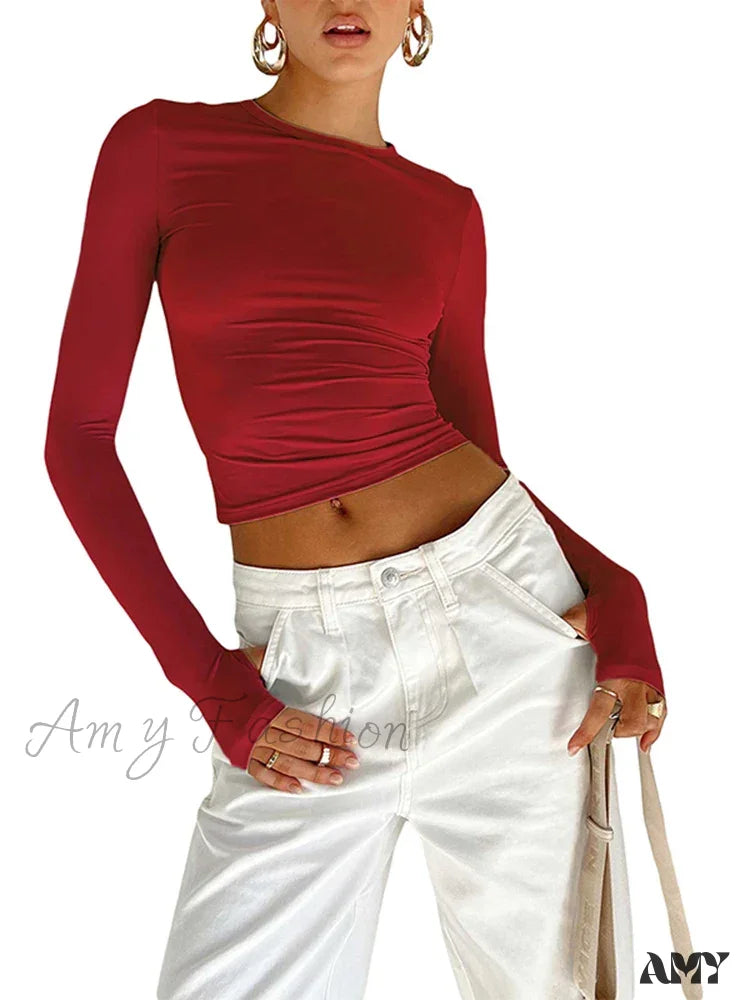 Long Sleeve Crew Neck Solid Slim Fit Thumb Holes Crop Top Red / S