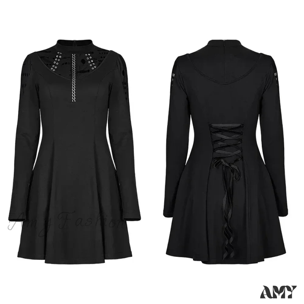 Long Sleeve Daily Wear Mesh Knitted 3D Chain Printing Drawstring Waist Retro Gothic Dress