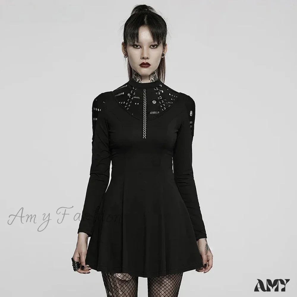 Long Sleeve Daily Wear Mesh Knitted 3D Chain Printing Drawstring Waist Retro Gothic Dress