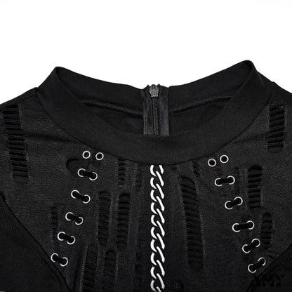 Long Sleeve Daily Wear Mesh Knitted 3D Chain Printing Drawstring Waist Retro Gothic Dress