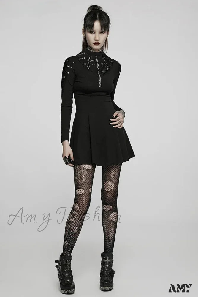 Long Sleeve Daily Wear Mesh Knitted 3D Chain Printing Drawstring Waist Retro Gothic Dress Black /