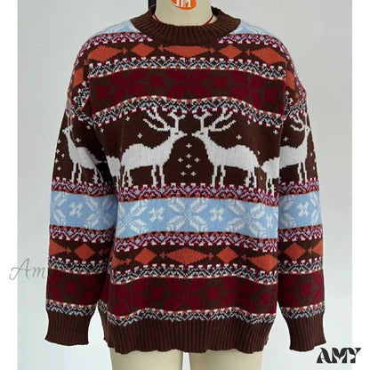 Long Sleeve Knitted Pullover Christmas Sweater Brown / S