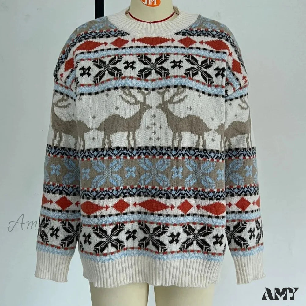 Long Sleeve Knitted Pullover Christmas Sweater Creamy-White / S