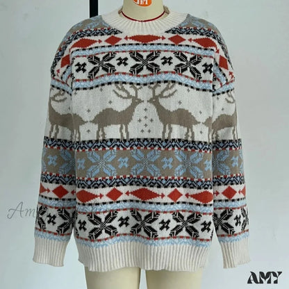 Long Sleeve Knitted Pullover Christmas Sweater Creamy-White / S