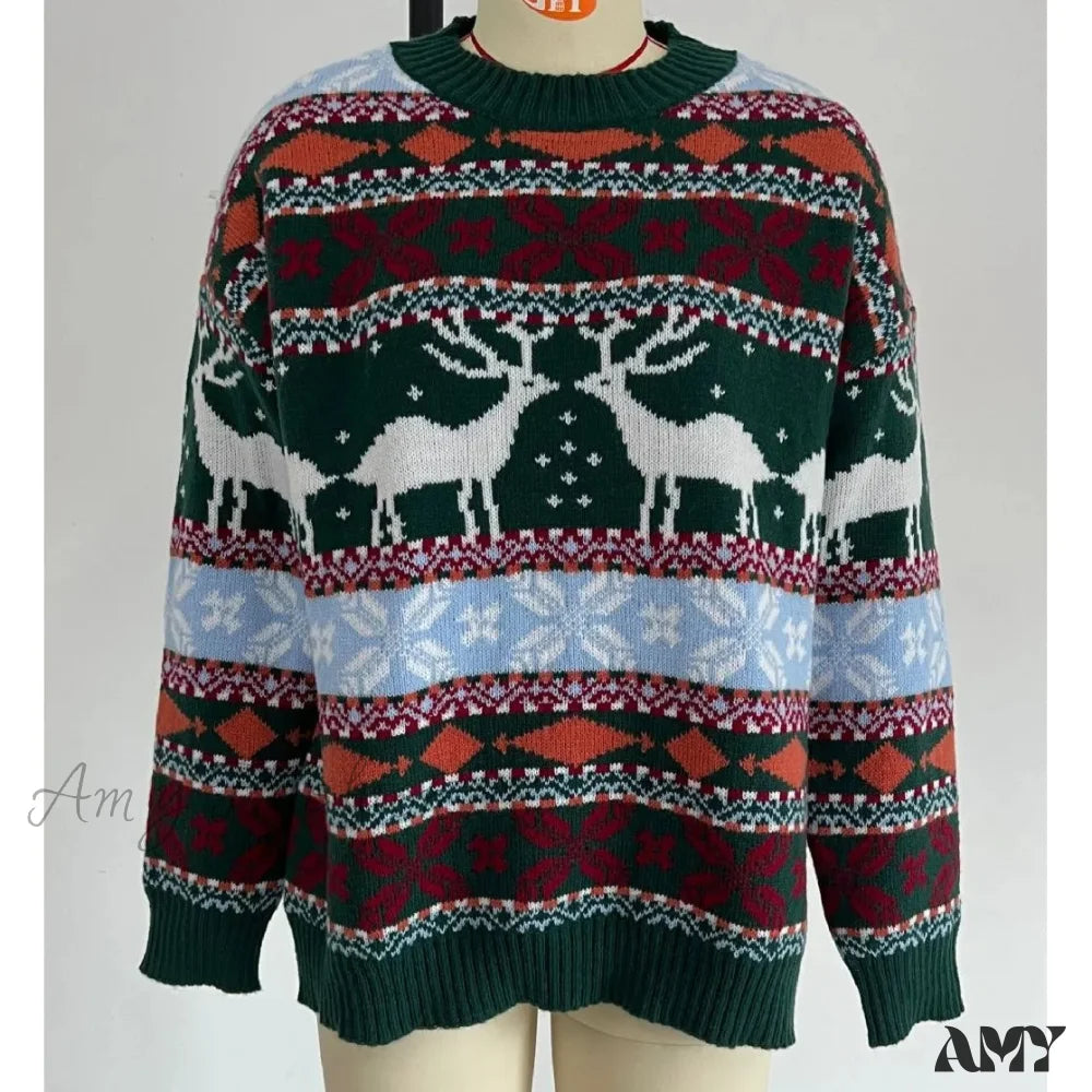 Long Sleeve Knitted Pullover Christmas Sweater Green / S