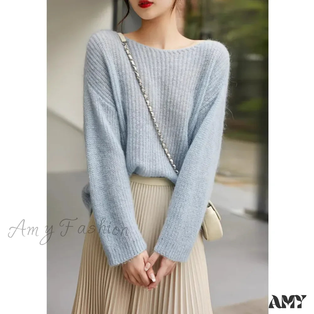 Long Sleeve Knitted Pullover V-Neck Fashion Basic Solid Ol Sweater Blue / One Size