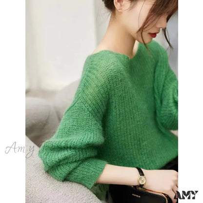 Long Sleeve Knitted Pullover V-Neck Fashion Basic Solid Ol Sweater Green / One Size