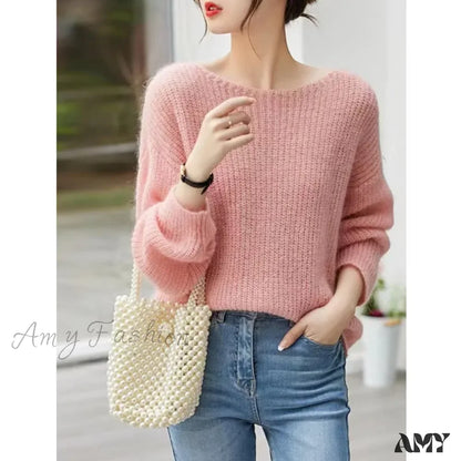 Long Sleeve Knitted Pullover V-Neck Fashion Basic Solid Ol Sweater Pink / One Size