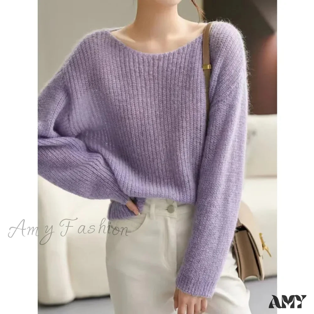 Long Sleeve Knitted Pullover V-Neck Fashion Basic Solid Ol Sweater Purple / One Size