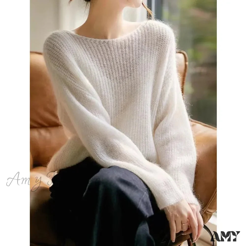 Long Sleeve Knitted Pullover V-Neck Fashion Basic Solid Ol Sweater White / One Size