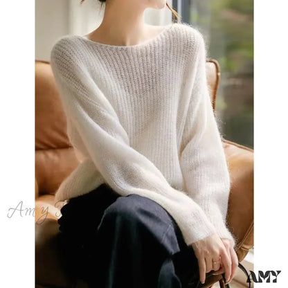 Long Sleeve Knitted Pullover V-Neck Fashion Basic Solid Ol Sweater White / One Size