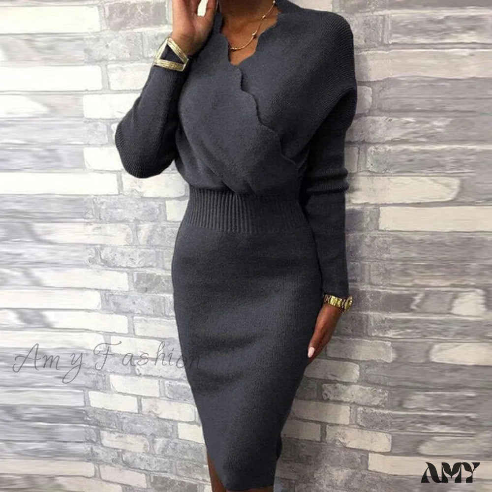 Long Sleeve Slim Fit Knee Dress Black / M