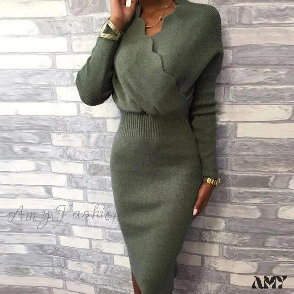 Long Sleeve Slim Fit Knee Dress Green / M