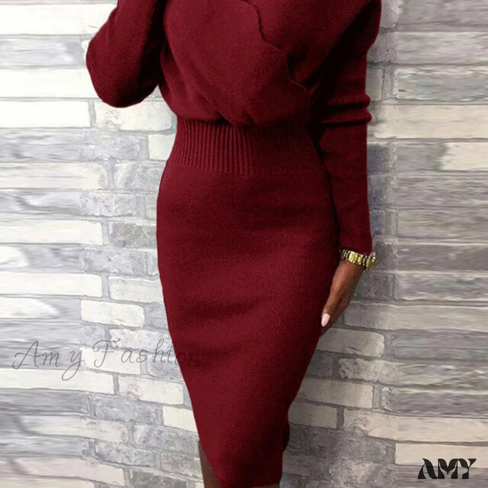 Long Sleeve Slim Fit Knee Dress Red / M