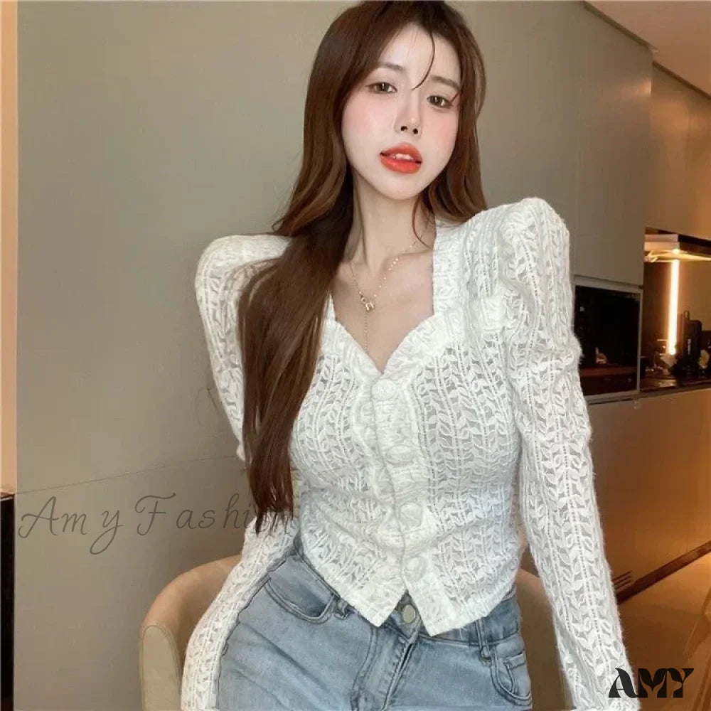 Long Sleeved Lace Design Blusas Clothess Blouse