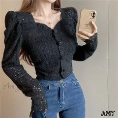 Long Sleeved Lace Design Blusas Clothess Blouse Black / S