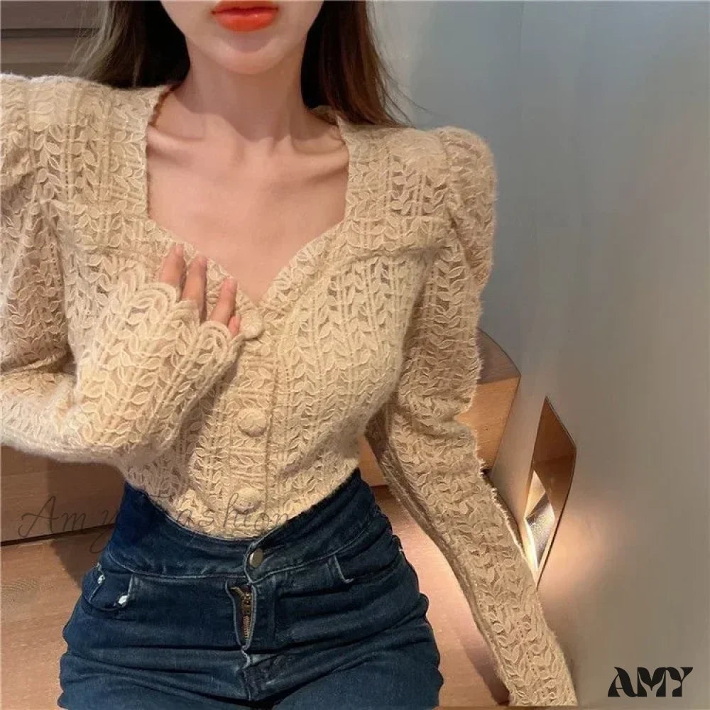 Long Sleeved Lace Design Blusas Clothess Blouse Khaki / S