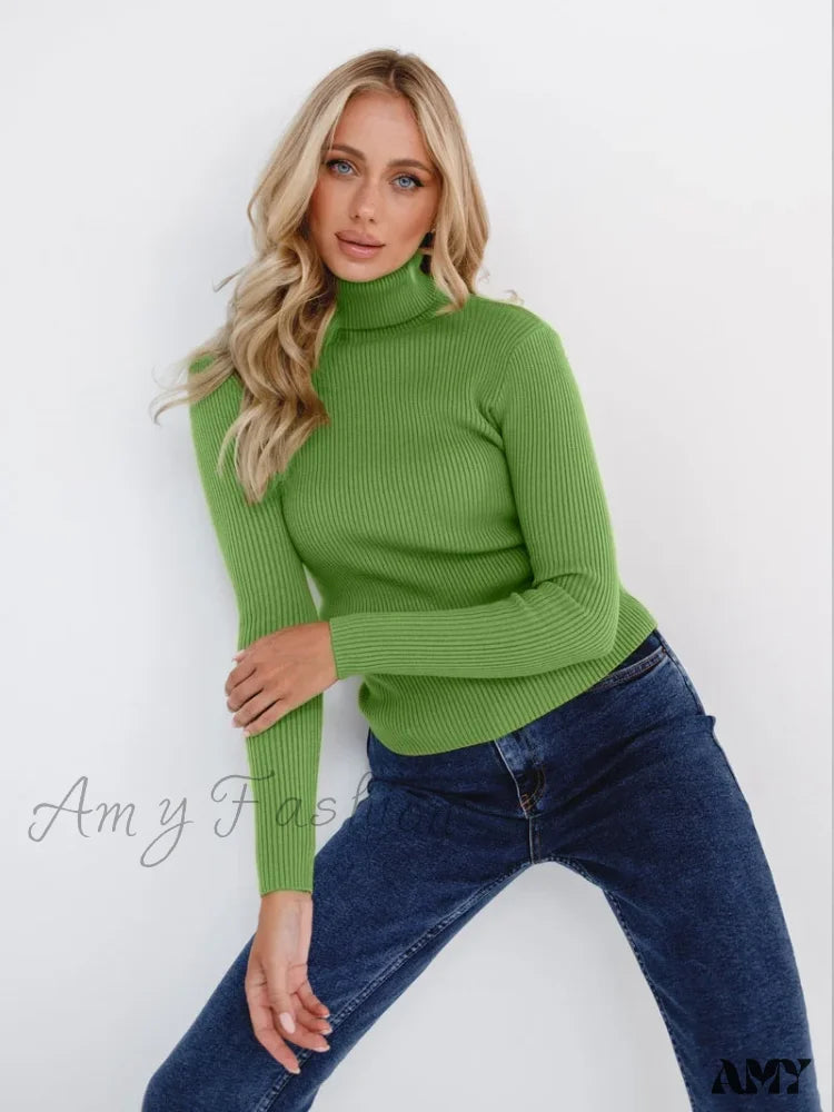 Long Sleeves Mock Turtleneck Basic Stretch Fitting Slim Sweater Green / One Size