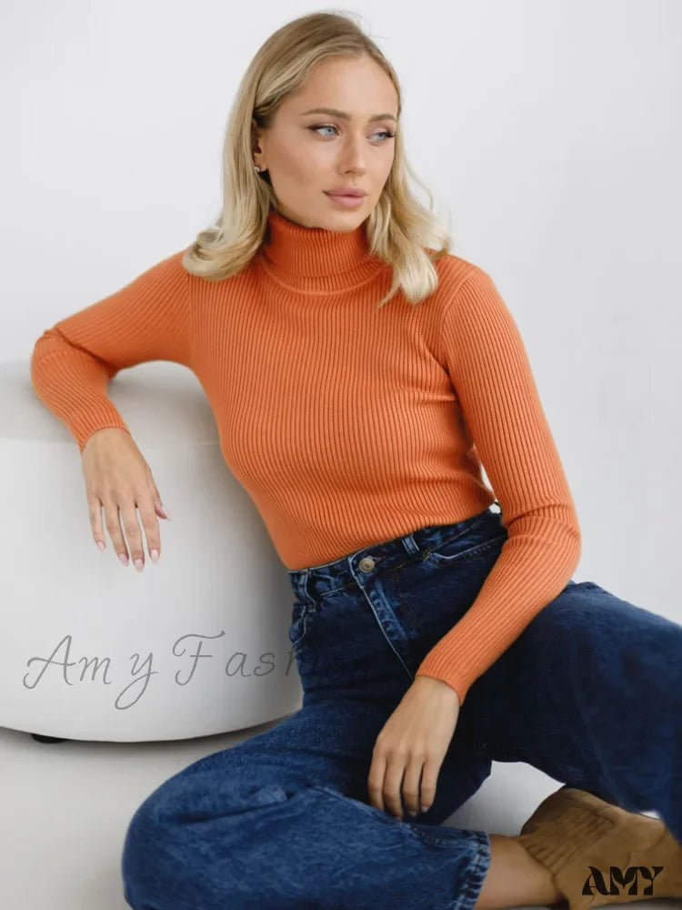 Long Sleeves Mock Turtleneck Basic Stretch Fitting Slim Sweater Orange / One Size