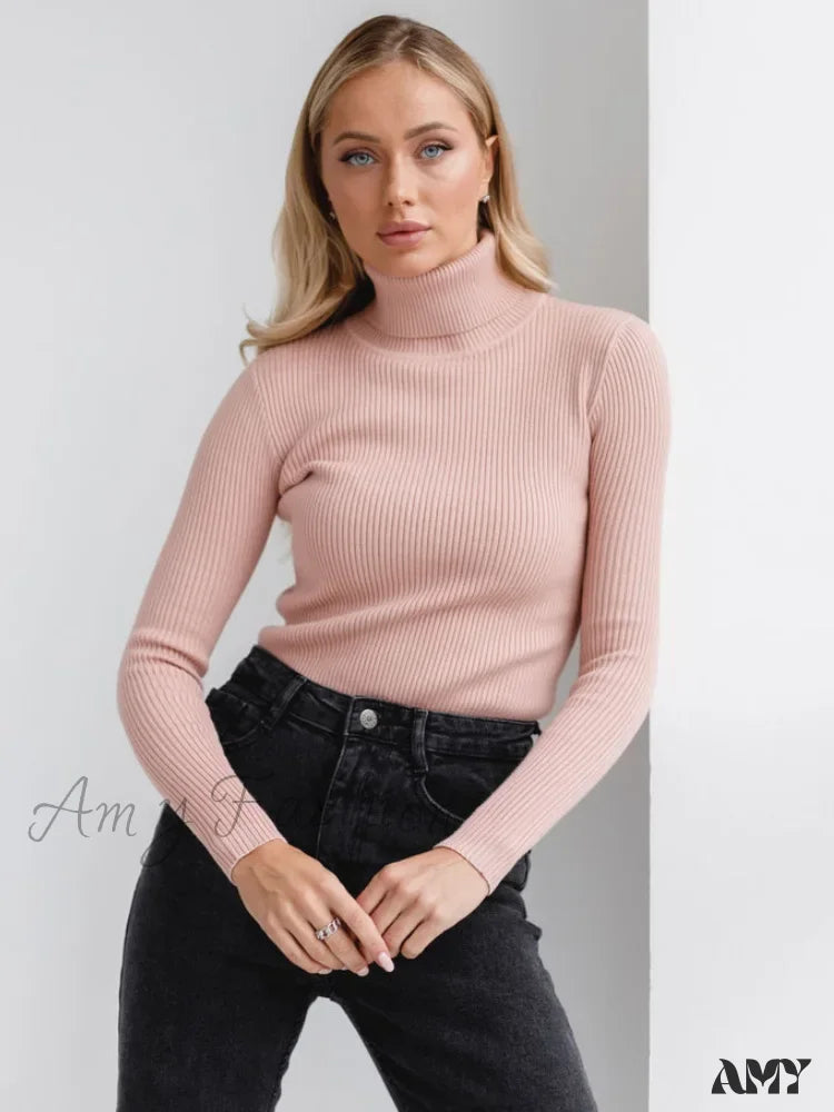 Long Sleeves Mock Turtleneck Basic Stretch Fitting Slim Sweater Pink / One Size