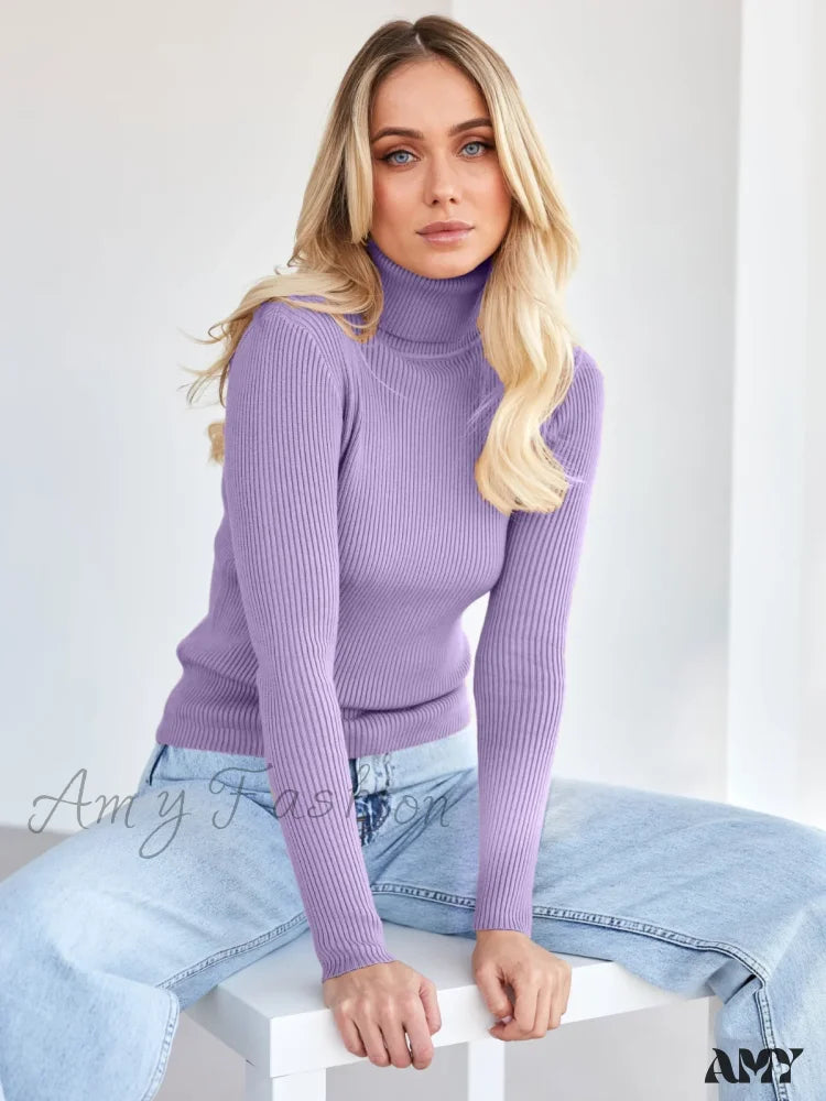 Long Sleeves Mock Turtleneck Basic Stretch Fitting Slim Sweater Purple / One Size