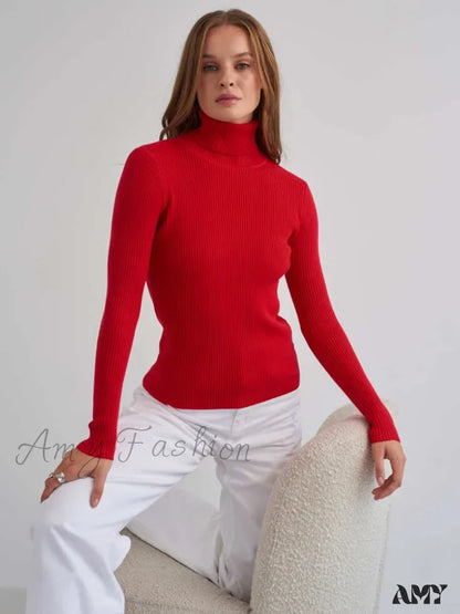 Long Sleeves Mock Turtleneck Basic Stretch Fitting Slim Sweater Red / One Size