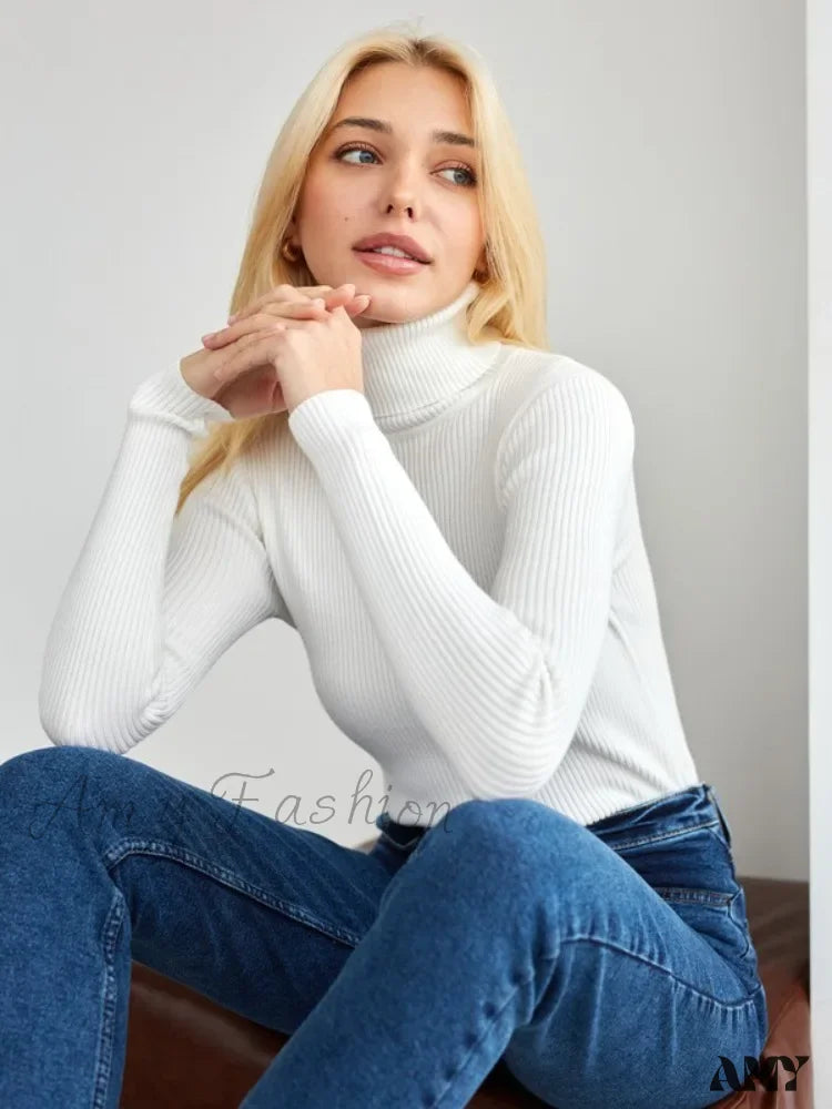 Long Sleeves Mock Turtleneck Basic Stretch Fitting Slim Sweater White / One Size