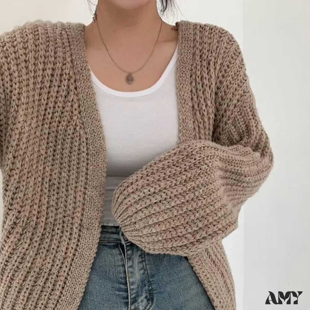 Loose Casual Solid Color Autumn Winter Versatile V Neck Knitted Sweater