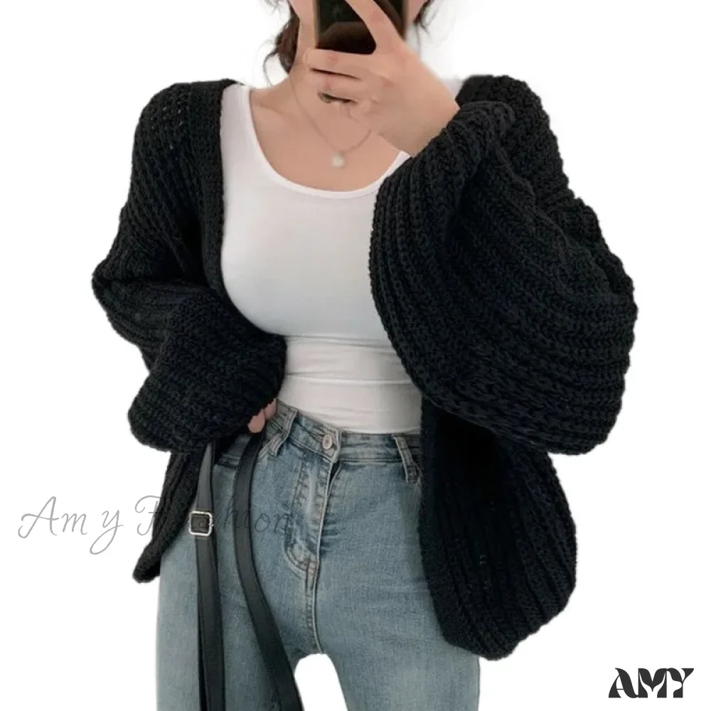 Loose Casual Solid Color Autumn Winter Versatile V Neck Knitted Sweater Black / One Size