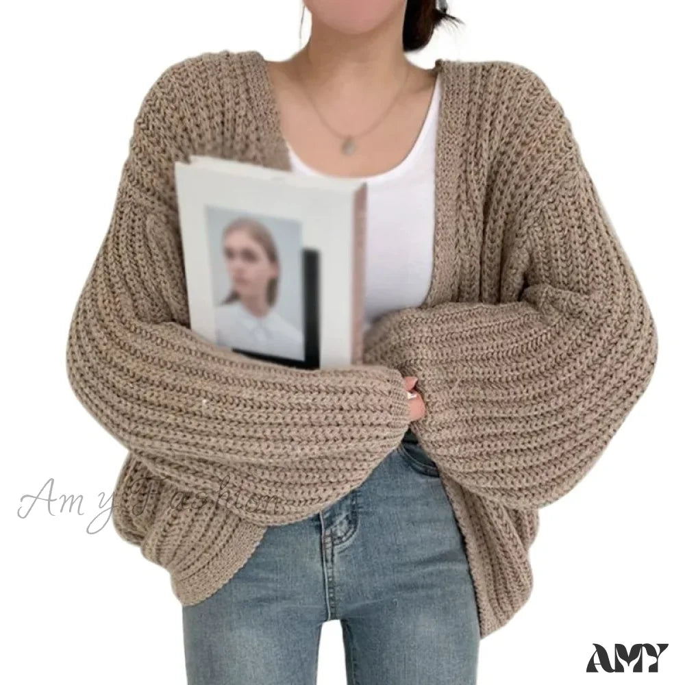 Loose Casual Solid Color Autumn Winter Versatile V Neck Knitted Sweater Brown / One Size